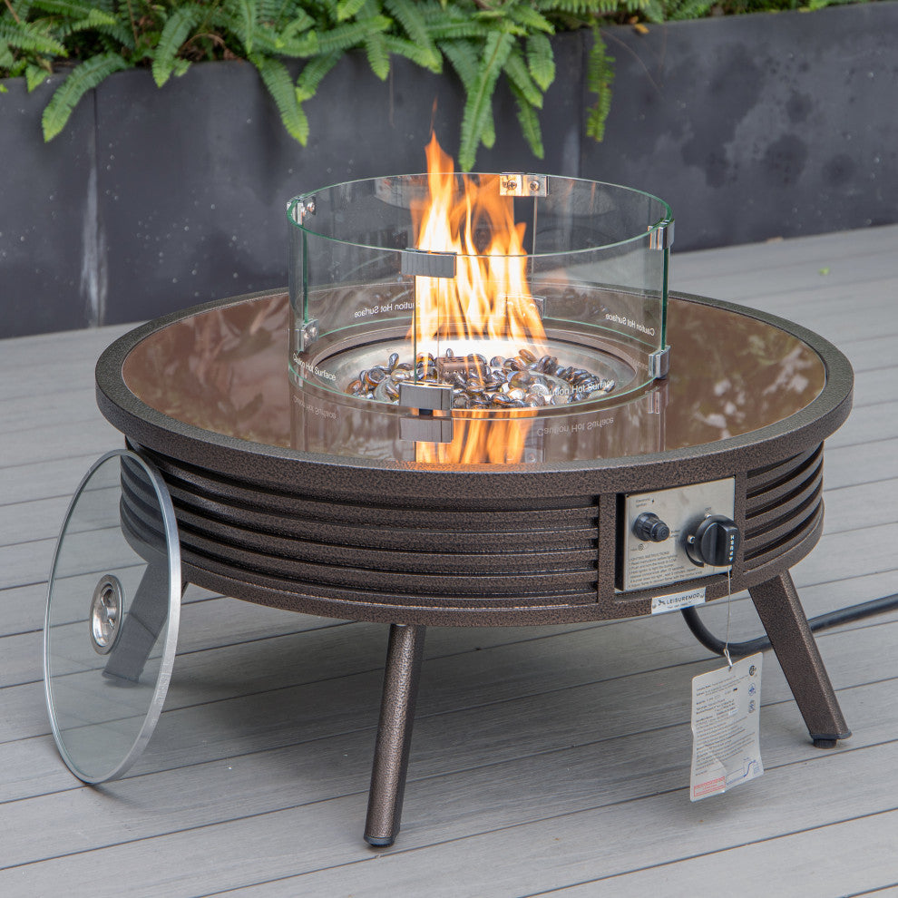 LeisureMod Walbrooke Patio Conversation Set With Fire Pit Table, Red