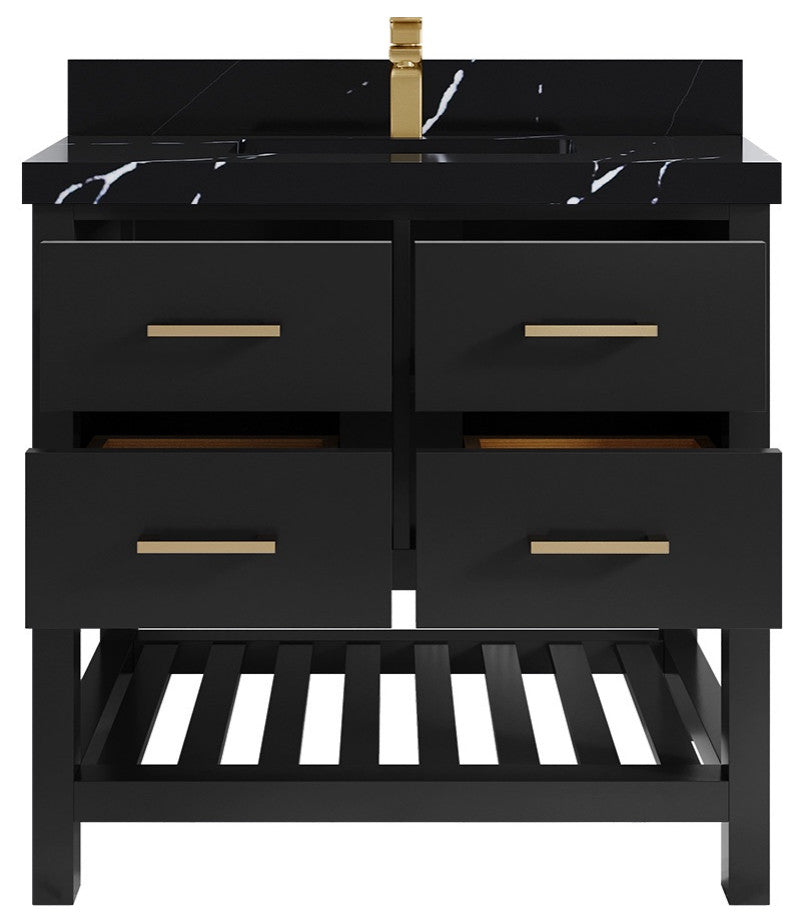 Parker 36" Single Sink Bath Vanity, Black 2" Calacatta Black