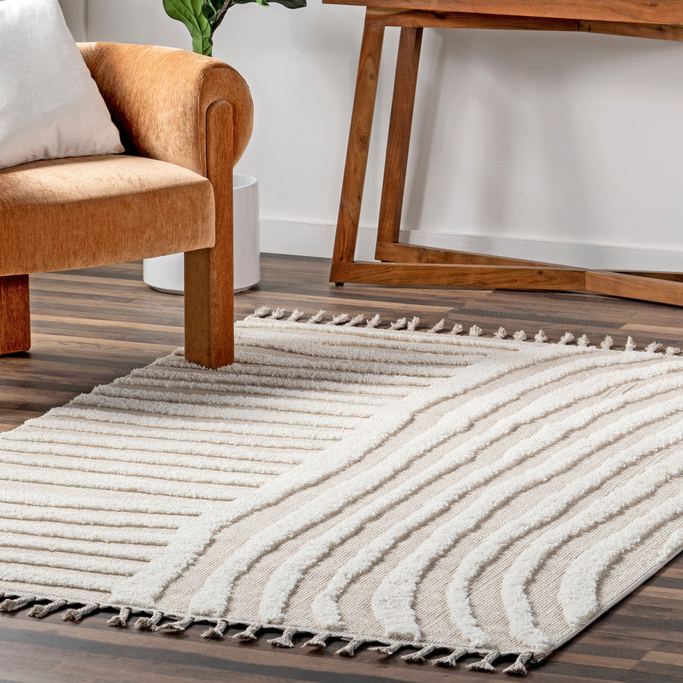 Nuloom Ianthe Abstract Stripes High-Low Tasseled Rug, Beige 5' x 7' 6"