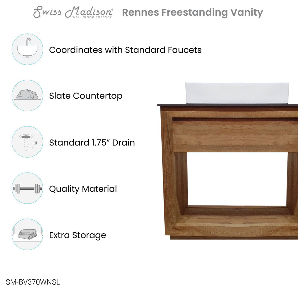 Rennes 36" Reclaimed Wood Vanity, Walnut With Slate Countertop/Vessel Sink