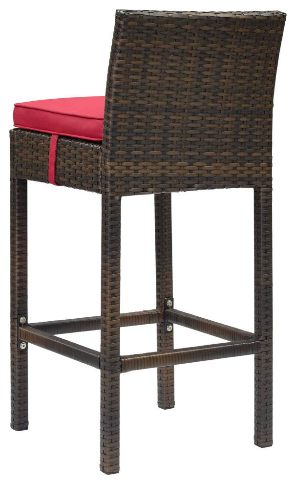 Outdoor Patio Bar Stool Chair, Set of Two, Fabric Rattan Wicker, Brown Red