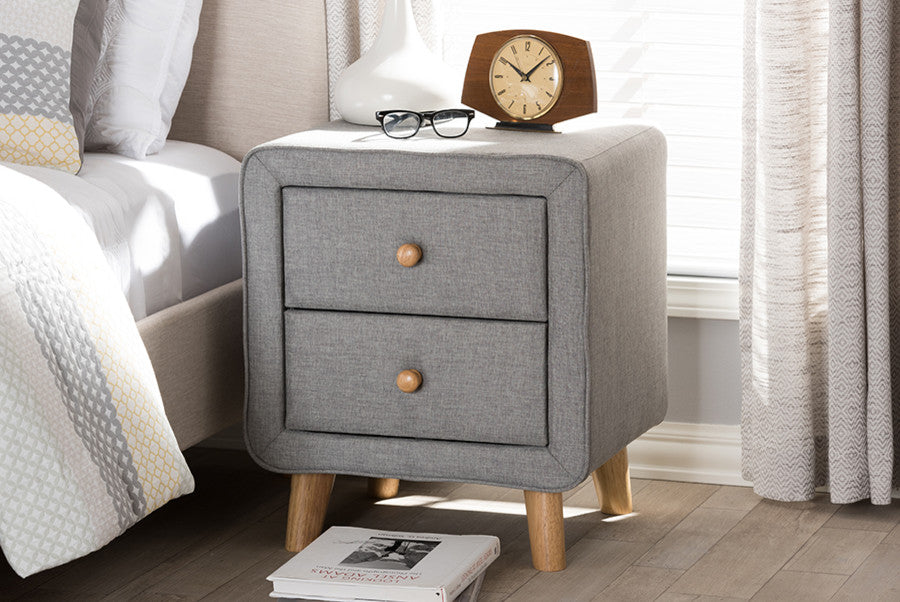 Baxton Studio Jonesy Mid-Century Gray Upholstered 2-Drawer Nightstand