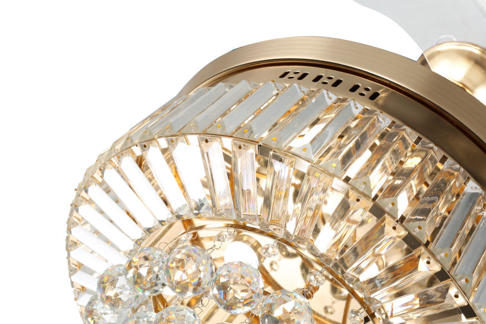 Unique Caged Ceiling Fan with Remote, LED light, Retractable Blades, French Gold