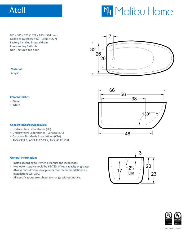 Malibu Atoll Oval Soaking Bathtub 66x32x23 Biscuit