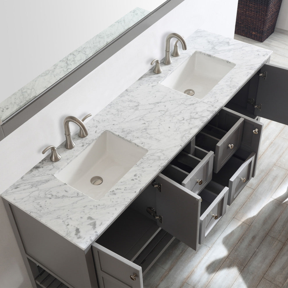 Florence 72" Double Vanity, Carrara White Marble Top, Gray, With Mirror
