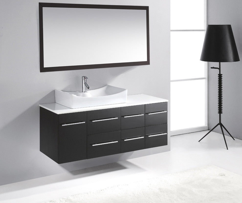 Ceanna 55" Single Bathroom Vanity Set, Espresso, White Engineered Stone Countert