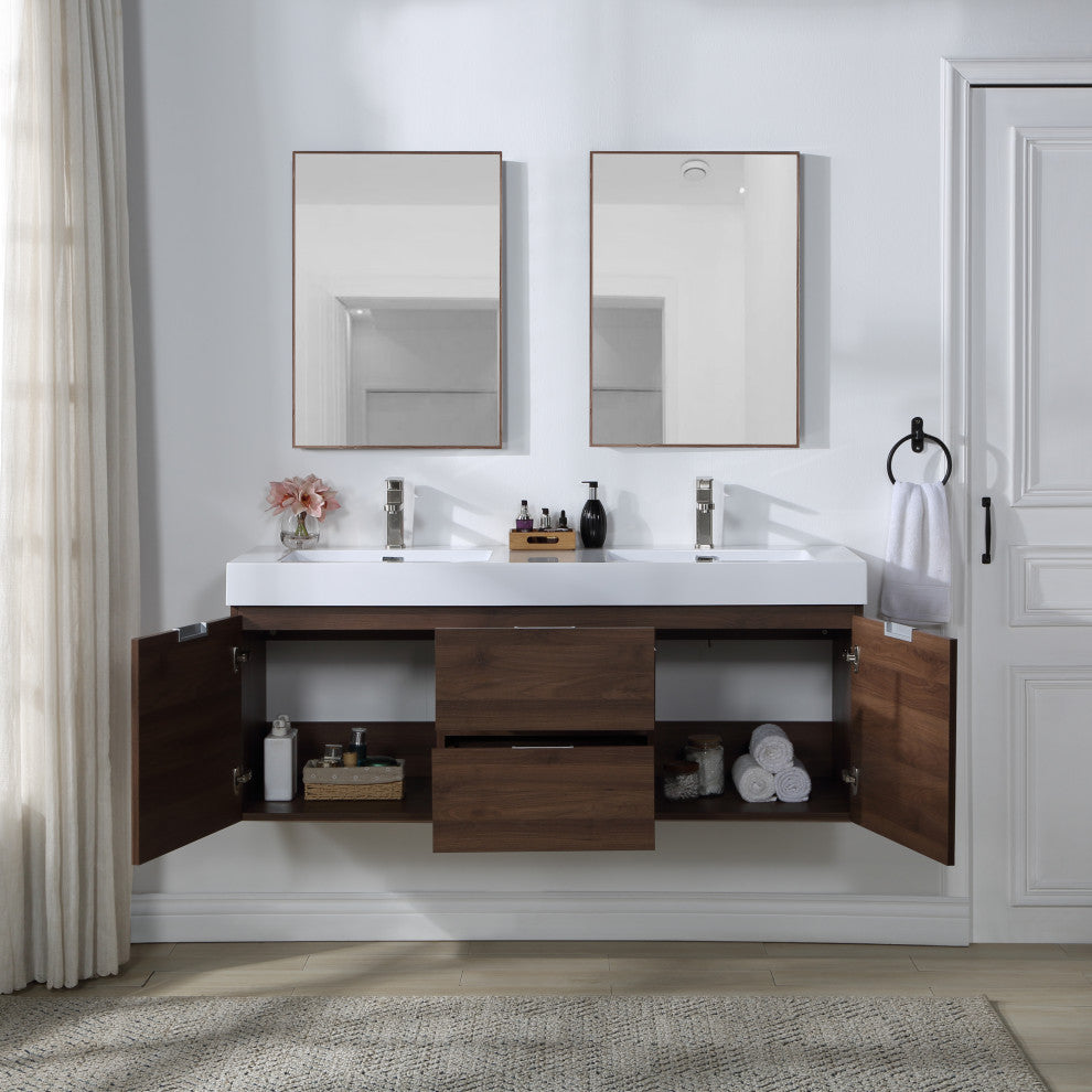 Stufurhome Valeria 59 in. Wall Mounted Bathroom Vanity without Mirror, Walnut, D