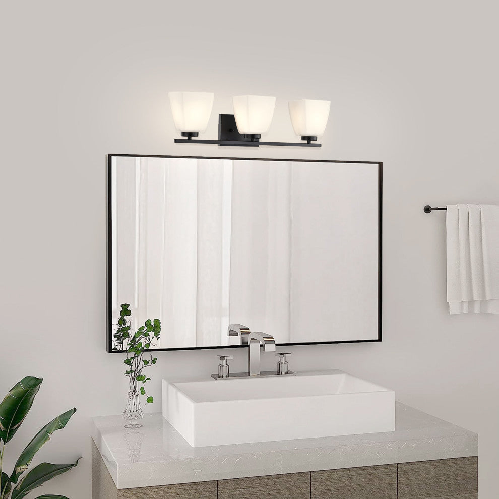 22 in. 3-Light Matte Black Vanity Light With Square Etched White Glass Shades