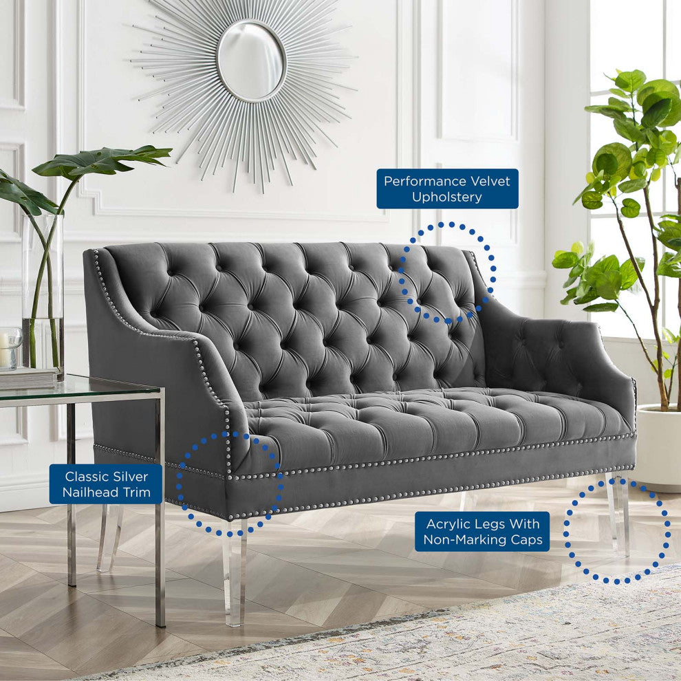 Tufted Loveseat Sofa, Velvet, Gray, Modern, Living Lounge Hotel Hospitality