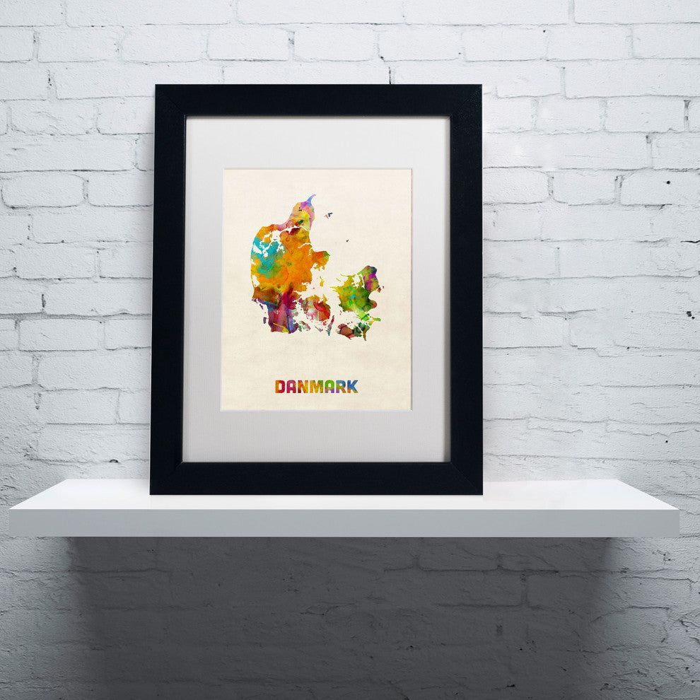 'Denmark Watercolor Map' Matted Framed Canvas Art by Michael Tompsett