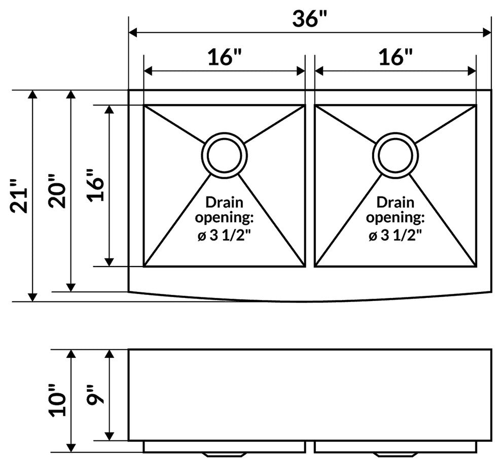 36"x21" Farmhouse Apron Double Bowl Kitchen Sink 10" Deep