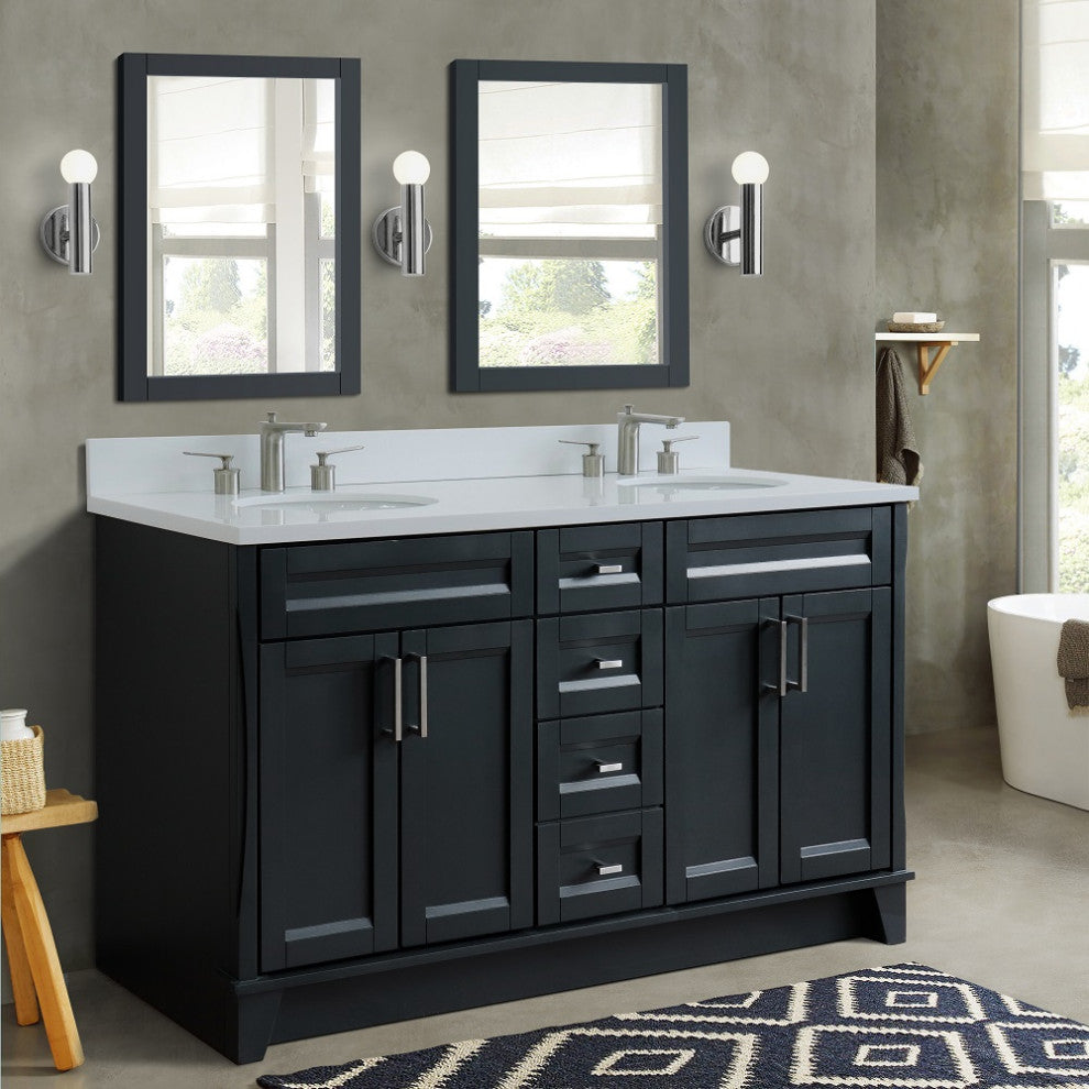 61" Double Sink Vanity, Dark Gray Finish And Engineered Stone Top And Oval Sink