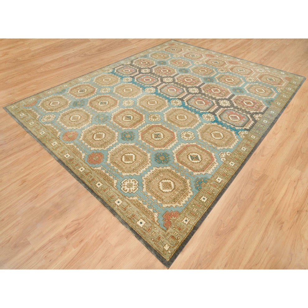 Hand Knotted Wool Caucasian Gul Motifs Distinct Abrash Oriental Rug 9'1"x12'1"