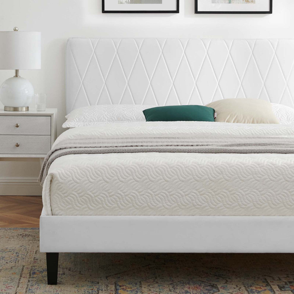 Platform Bed Frame, King Size, Velvet, White, Modern Contemporary, Bedroom