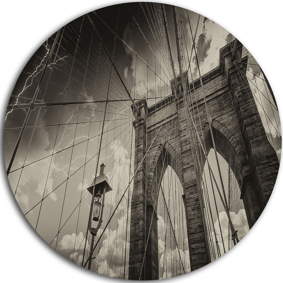 Upward View Of Brooklyn Bridge, Cityscape Photo Disc Metal Artwork, 11"