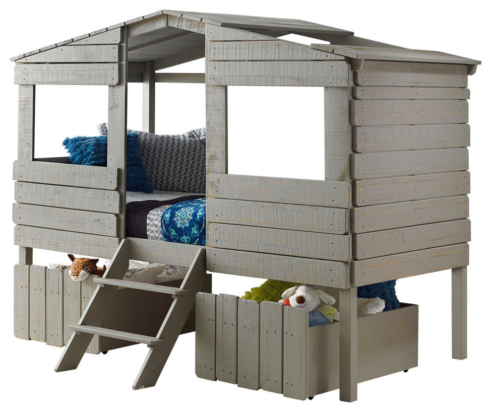 Donco Kids Archie Twin Treehouse Loft Bed With 2 Under Bed Drawers, Rustic Sand