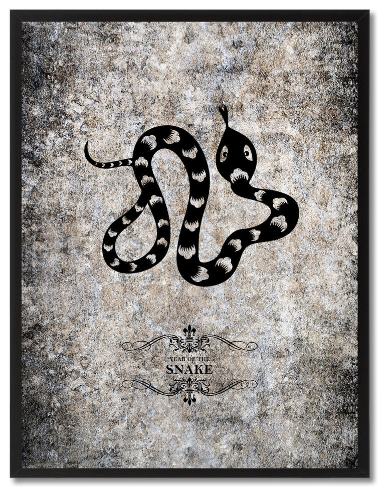 Snake Chinese Zodiac Black Print on Canvas with Picture Frame, 28"x37"