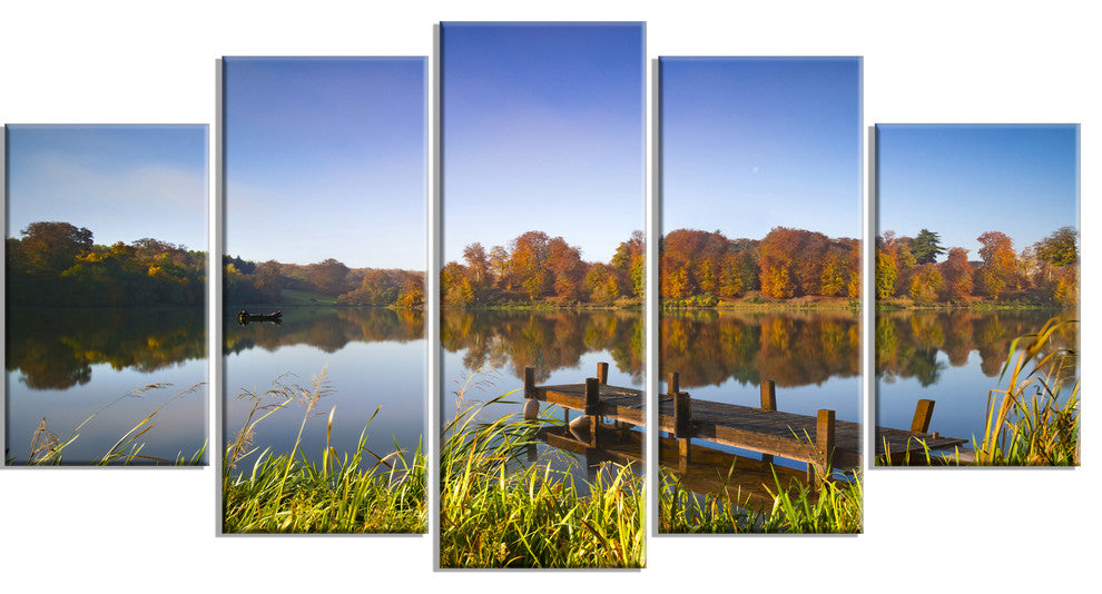 Still Waters of Fall Lake, Landscape Canvas Art Print, 60"x32", 5 Panels