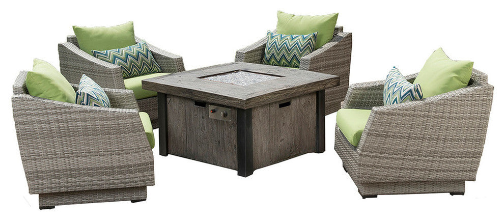 Cannes 5 Piece Sunbrella Outdoor Patio Fire Chat Set, Green