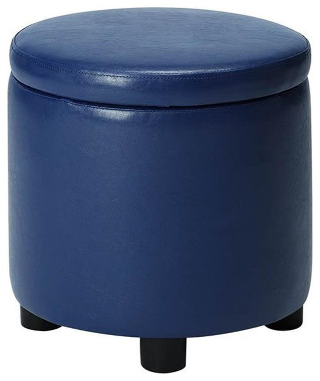 Designs4Comfort Round Accent Storage Ottoman in Blue Faux Leather Fabric