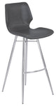30" Bar Height Metal Barstool In Gray Faux Leather, Brushed Stainless Steel