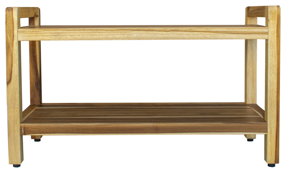 HomeRoots Rectangular Teak Shower Bench With Handles, Natural Finish