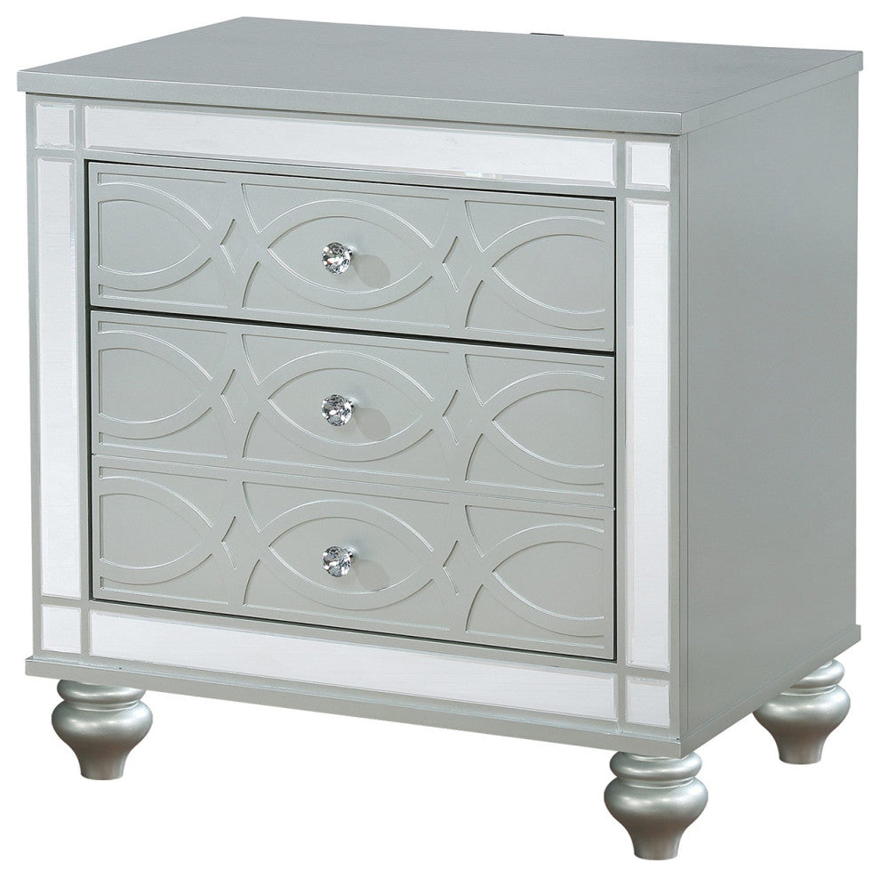 Glam 3 Drawers Nightstand with Dual USB Port, Silver