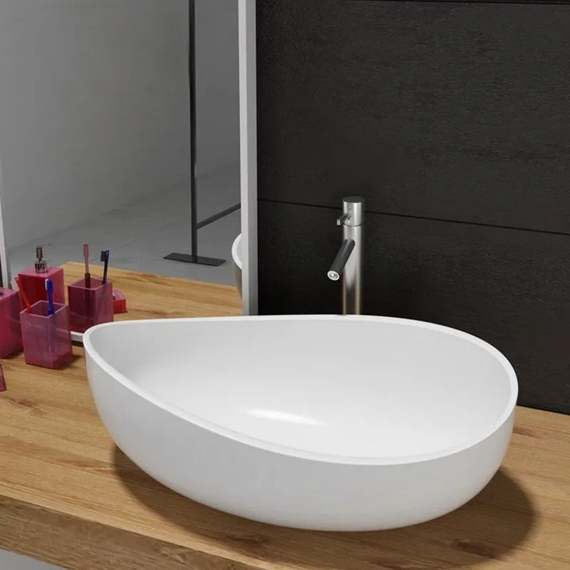 Bathroom Stone Resin Oval Vessel Sink Modern Art Sink with Pop Up Drain, Glossy White