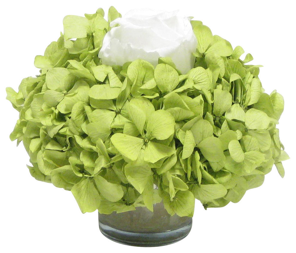 Mercury Glass Votive, White Rose and Basil Hydrangea