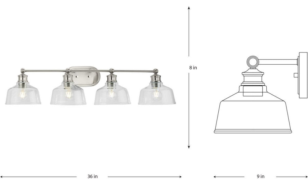 Singleton 4-Light 36" Brushed Nickel Farmhouse Vanity Light, Clear Glass Shades