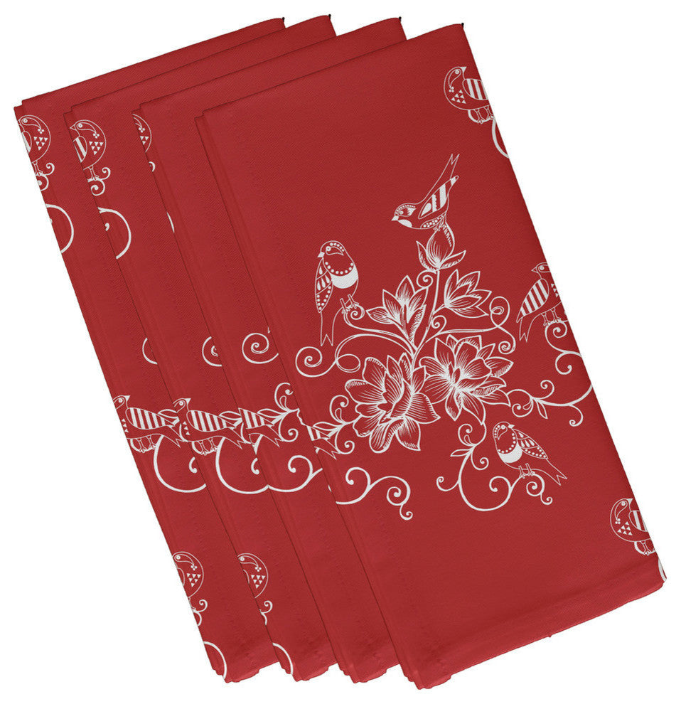Morning Birds, Floral Print Napkin, Coral, Set of 4