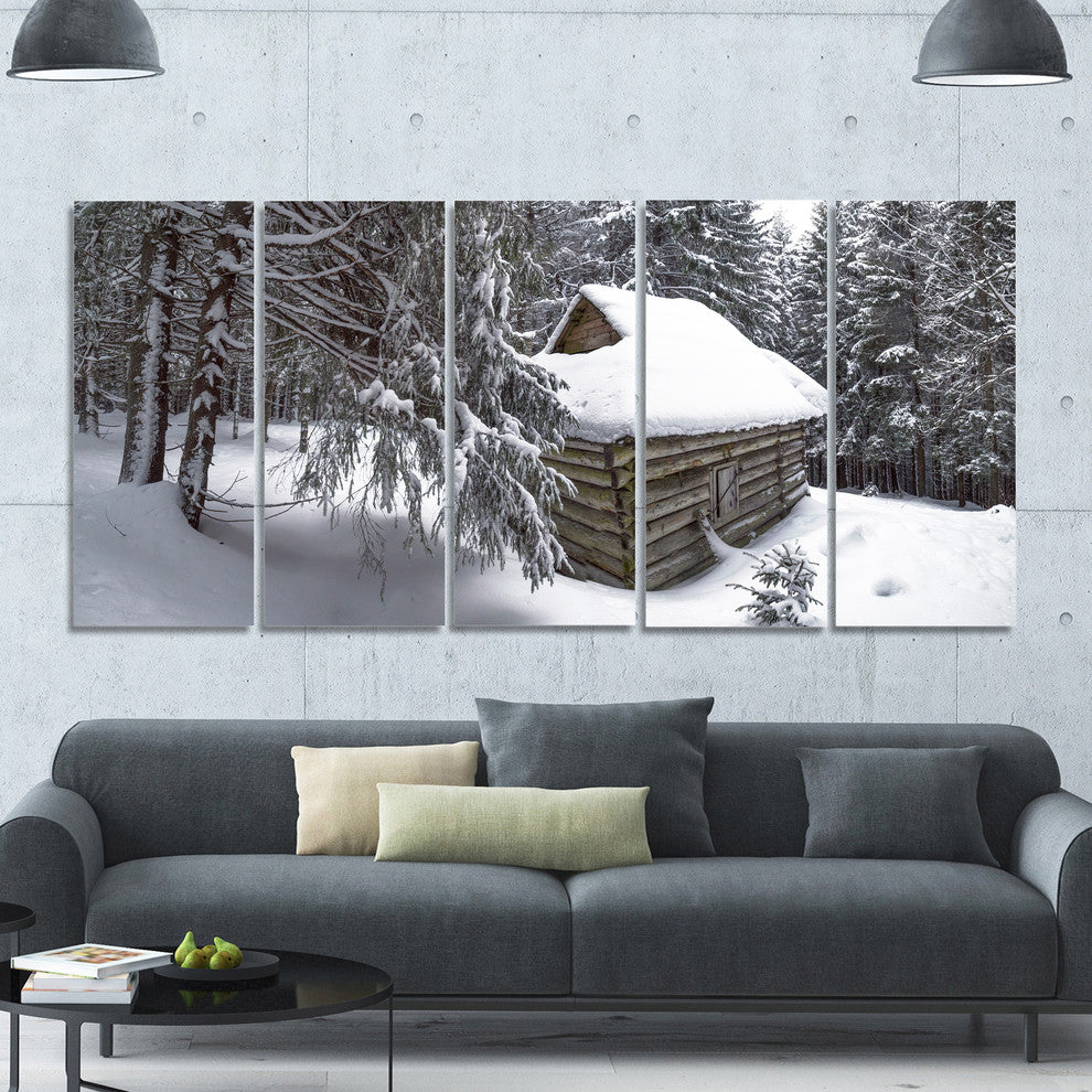 House in Magic Winter Forest, Landscape Canvas Art Print, 60"x28", 5 Panels