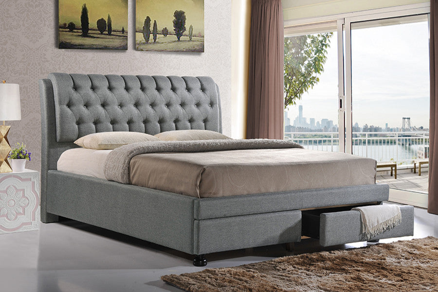 Ainge Button-Tufted Gray Upholstered Storage King Bed With 2-Drawer