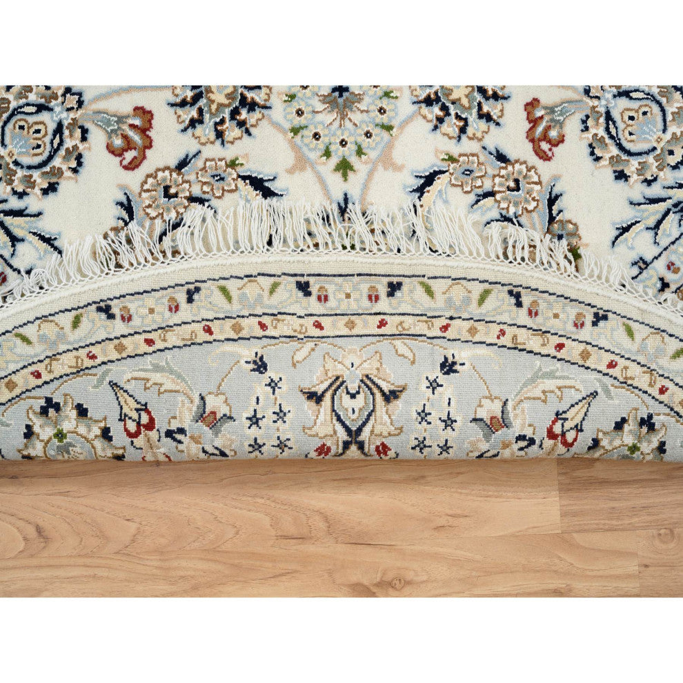 Ivory Nain With Flower Medallion Design Wool and Silk Hand Knotted Rug, 6'x6'