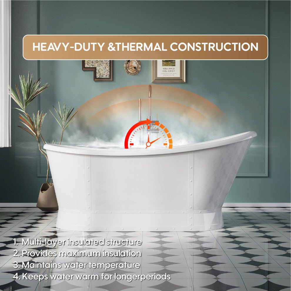 66" 100% Acrylic Freestanding Soaking Bathtub with Drain and Overflow, White, White