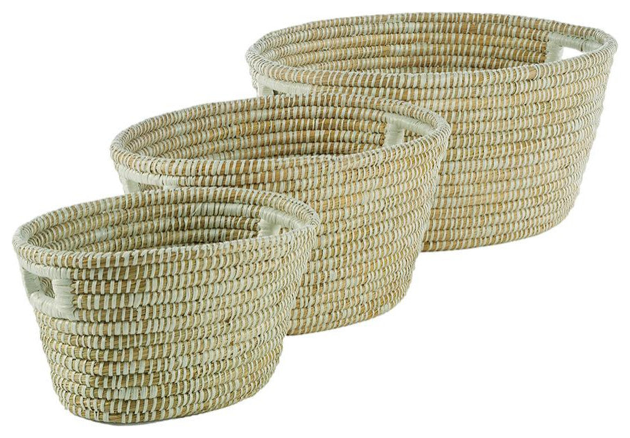 Set of 3 Woven River Grass Tote Storage Baskets 25 20 16 in Linens Natural White