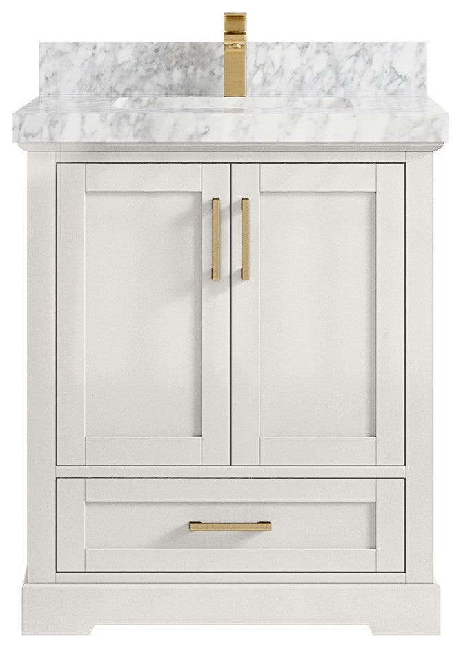 Boston 30" Single Sink Bath Vanity in Alabaster 2" Carrara Marble