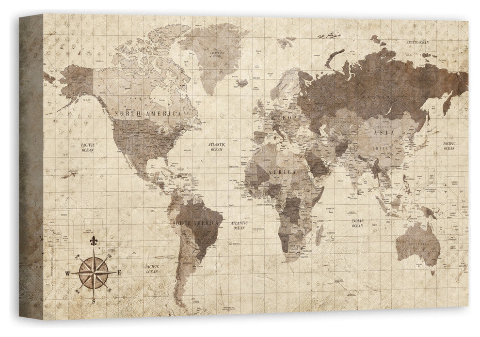 Distressed World Map Canvas Wall Art, 16"x24"