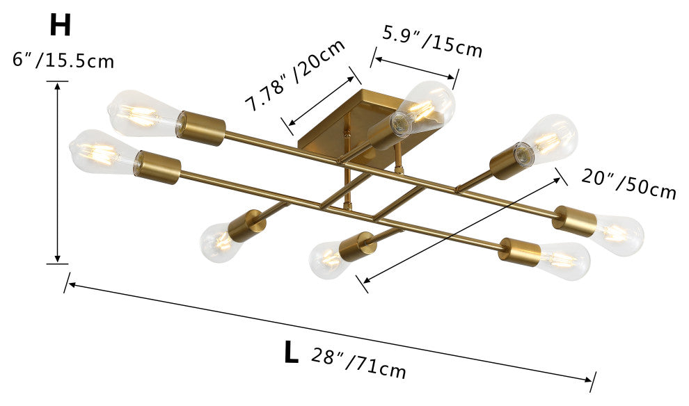 Modern 8-Light Sputnik Semi Flush Mount Ceiling Light, Gold