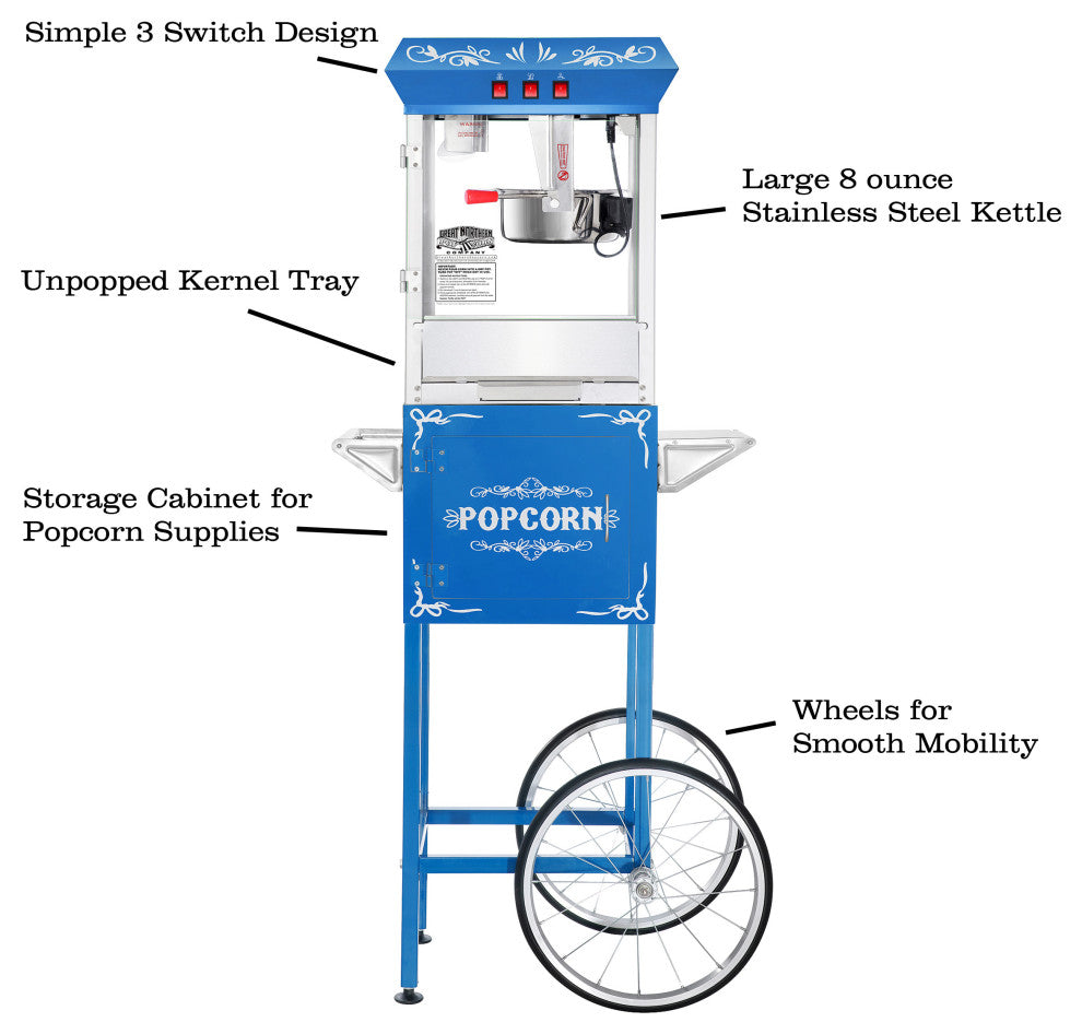 Popcorn Machine with Cart and 5-Pack of Kernels 8oz Popper