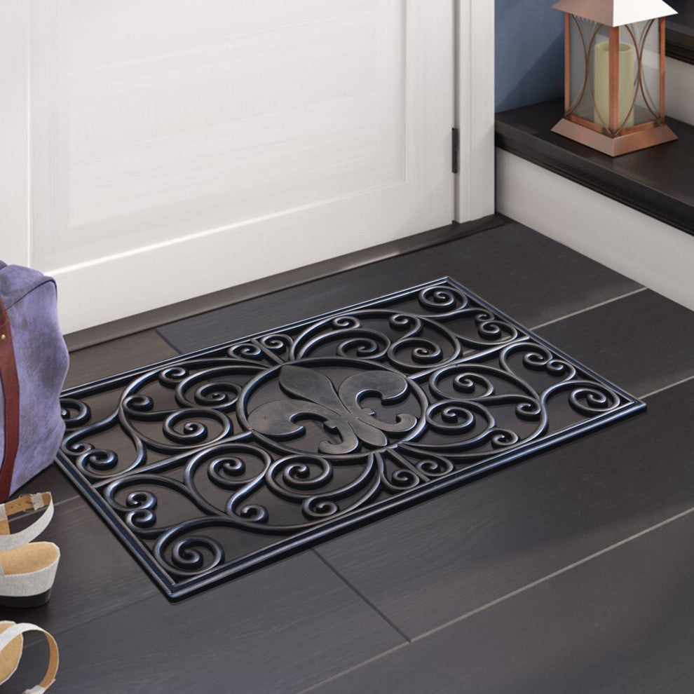 Outdoor Mat, Natural Rubber, 18"x30" Heavy Duty Doormat, Bronze Fleur-De-Lis