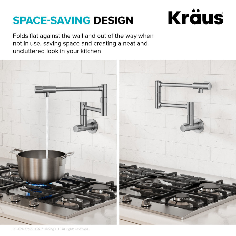 KRAUS Bolden 2 Handle Wall Mount Pot Filler Faucet, Retractable Arm, SFS