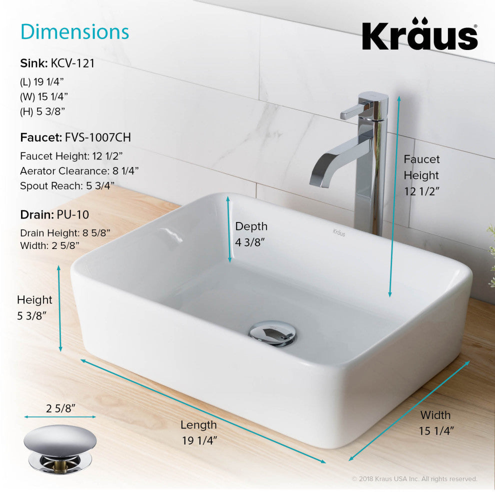 Elavo Square Ceramic Vessel Sink, Bathroom Ramus Faucet, PU Drain, Chrome