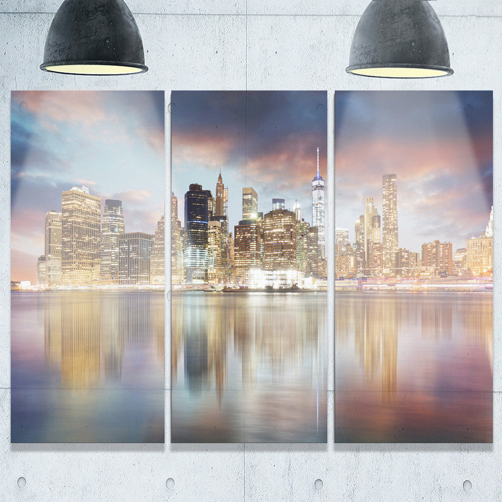 "New York Skyline at Sunrise With Reflection." Metal Wall Art, 3 Panels, 36"x28"