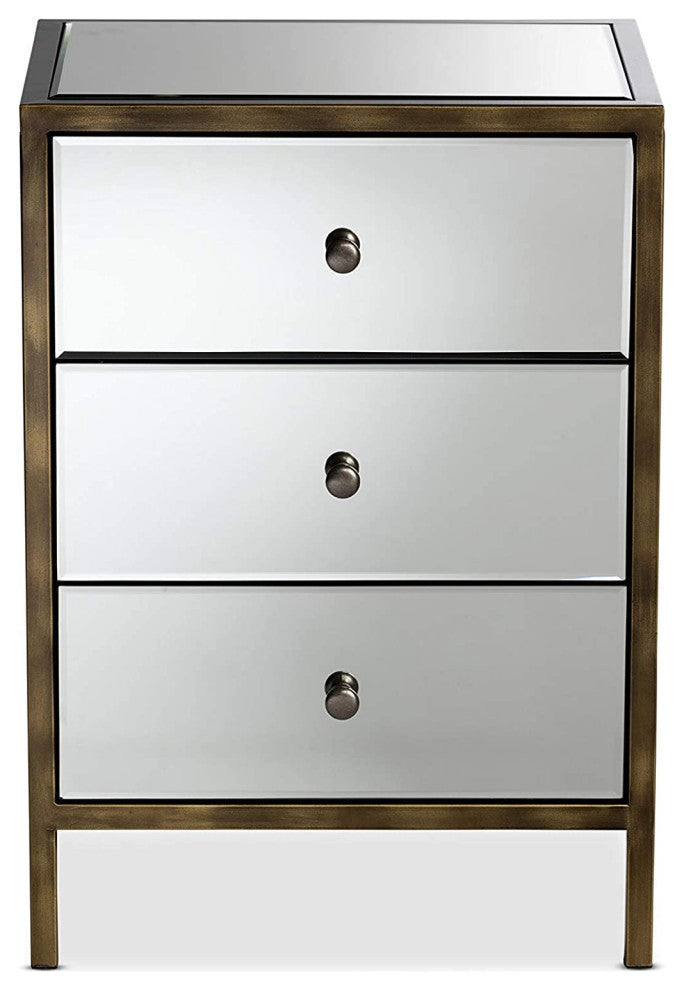 Mirrored Nightstand, 3 Storage Drawers and Antique Brass Trim Accent, Silver