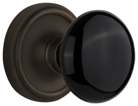 Classic Rosette Passage Black Porcelain Knob, Oil Rubbed Bronze