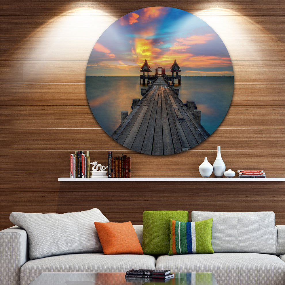 Wide Wooden Bridge Into Distant Sun, Sea Pier Disc Metal Artwork, 11"