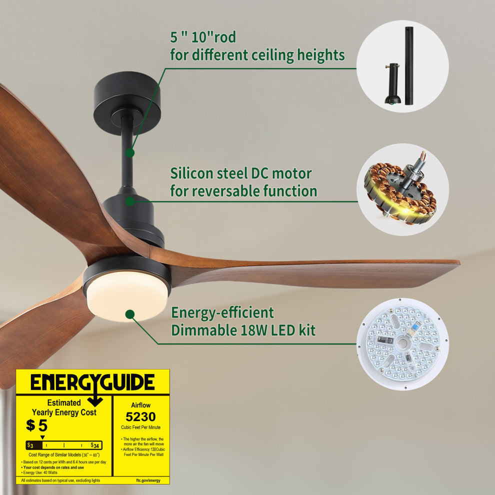 52" Solid Wood Ceiling Fan andRemote Control Reversible Blades, Matte Blck