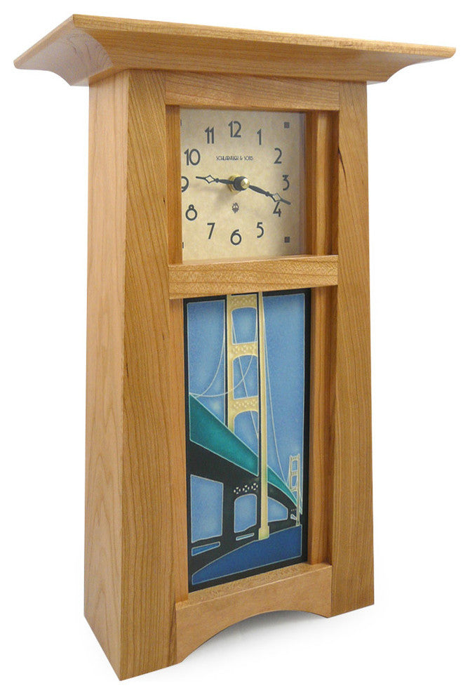 Craftsman Style Cherry Mantel Clock with Suspension Bridge Tile