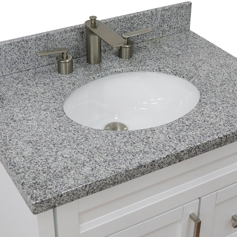 31" Single Sink Vanity, White Finish With Gray Granite With Oval Sink